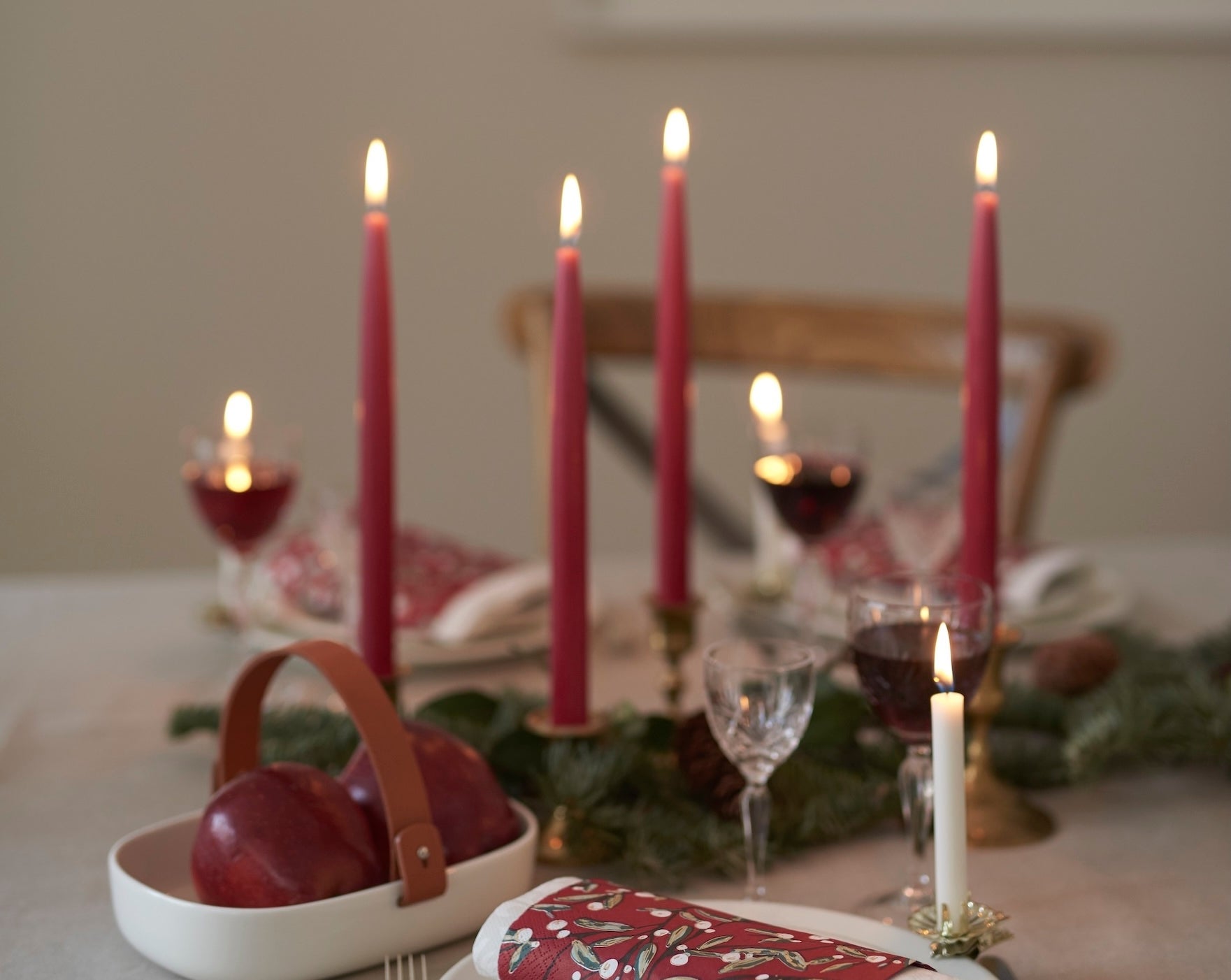 Havi Candles in a Christmas Setting. Red Mulled Wine Colourway