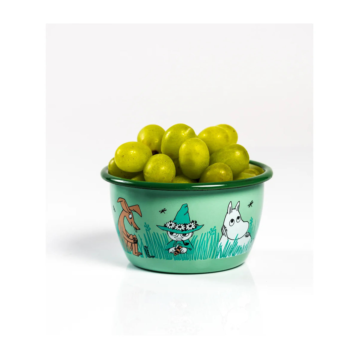 Muurla Moomin Bowl with Grapes.  In the Garden Green bowl featuring Moomintroll, Snufkin, and Sniff