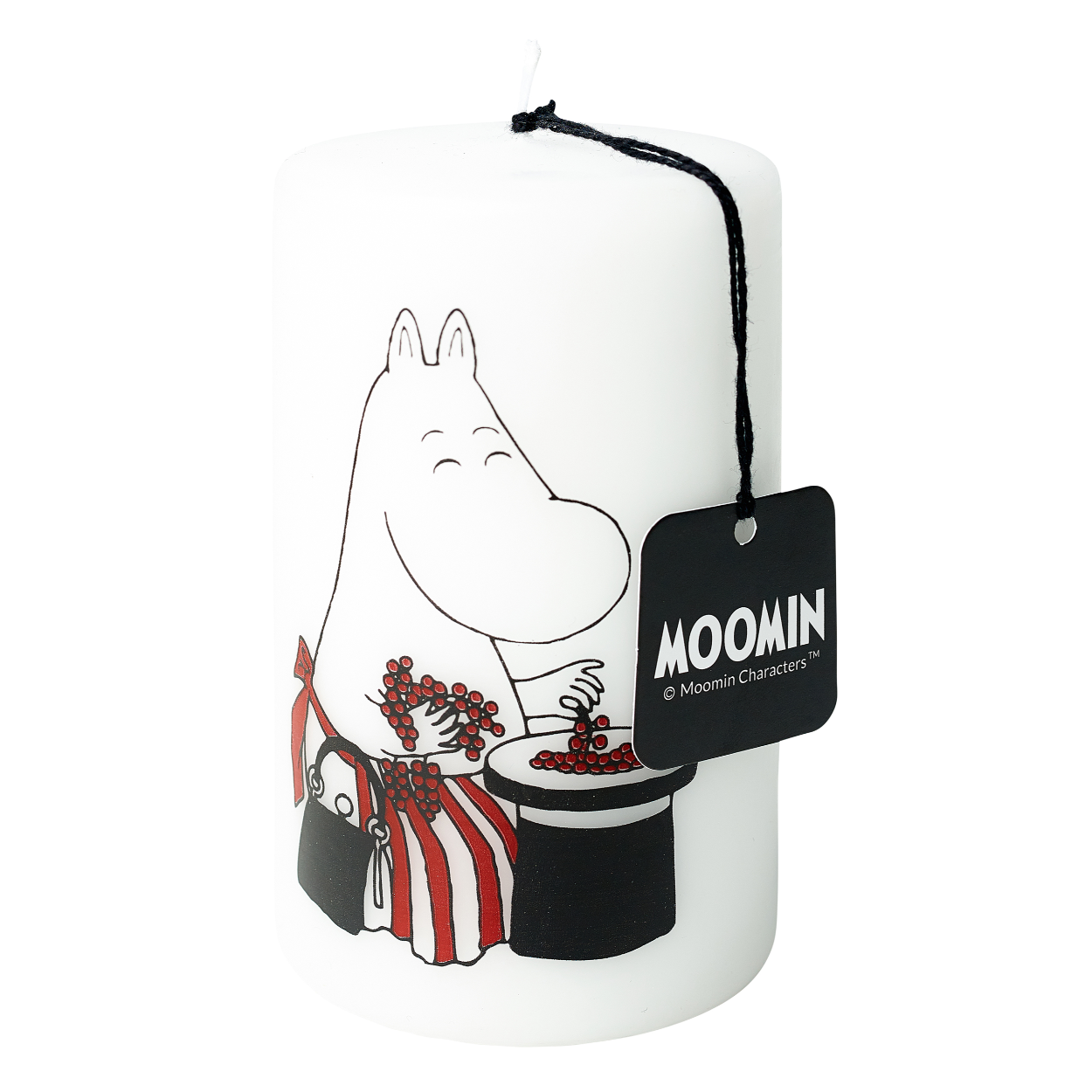 Havi Moomin White Moominmamma Pillar Candle on a chop and serve board with a drink and snacks