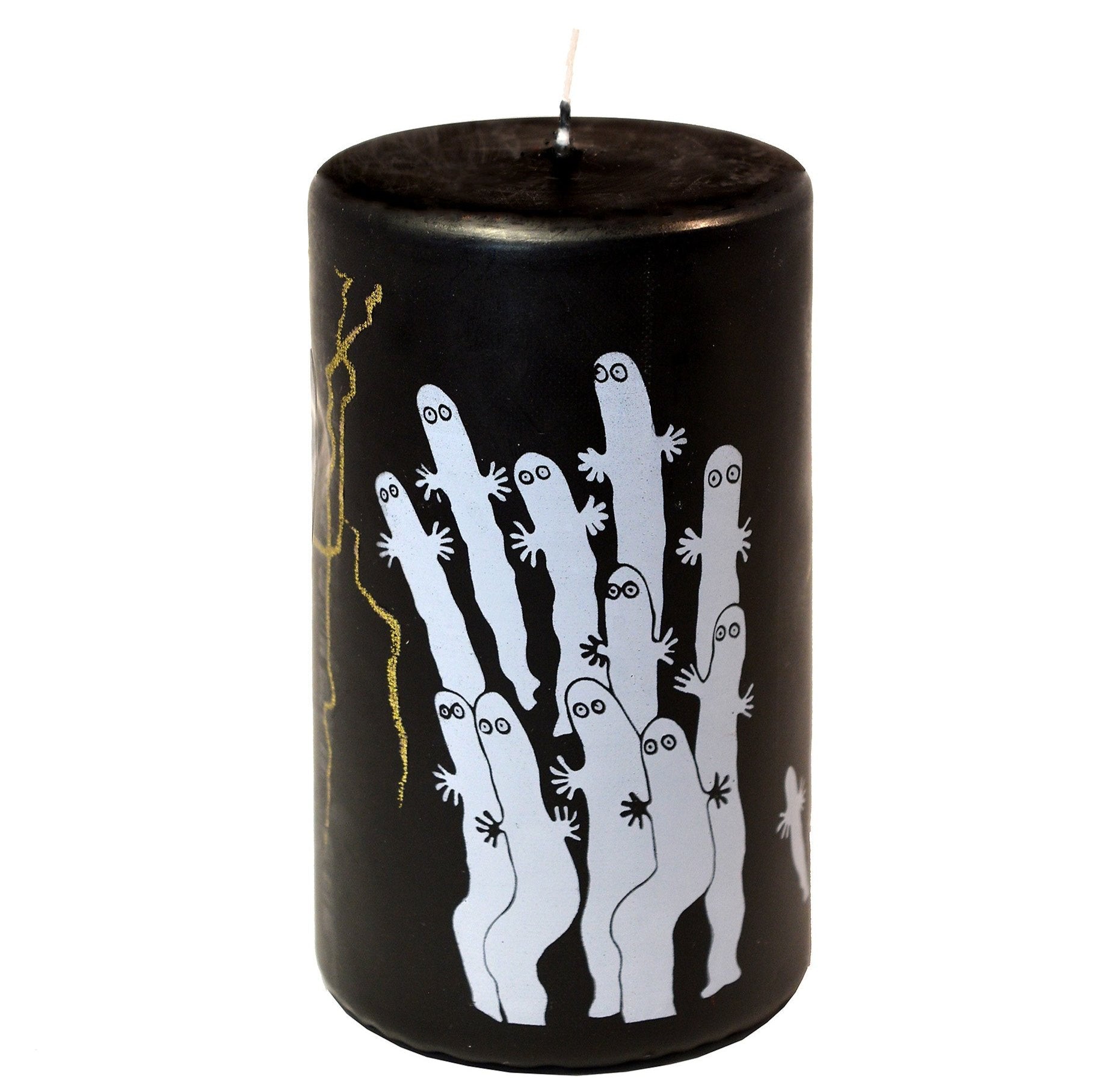 Havi Hattifaterners Pillar Candle. Hattifaterners design on a black background