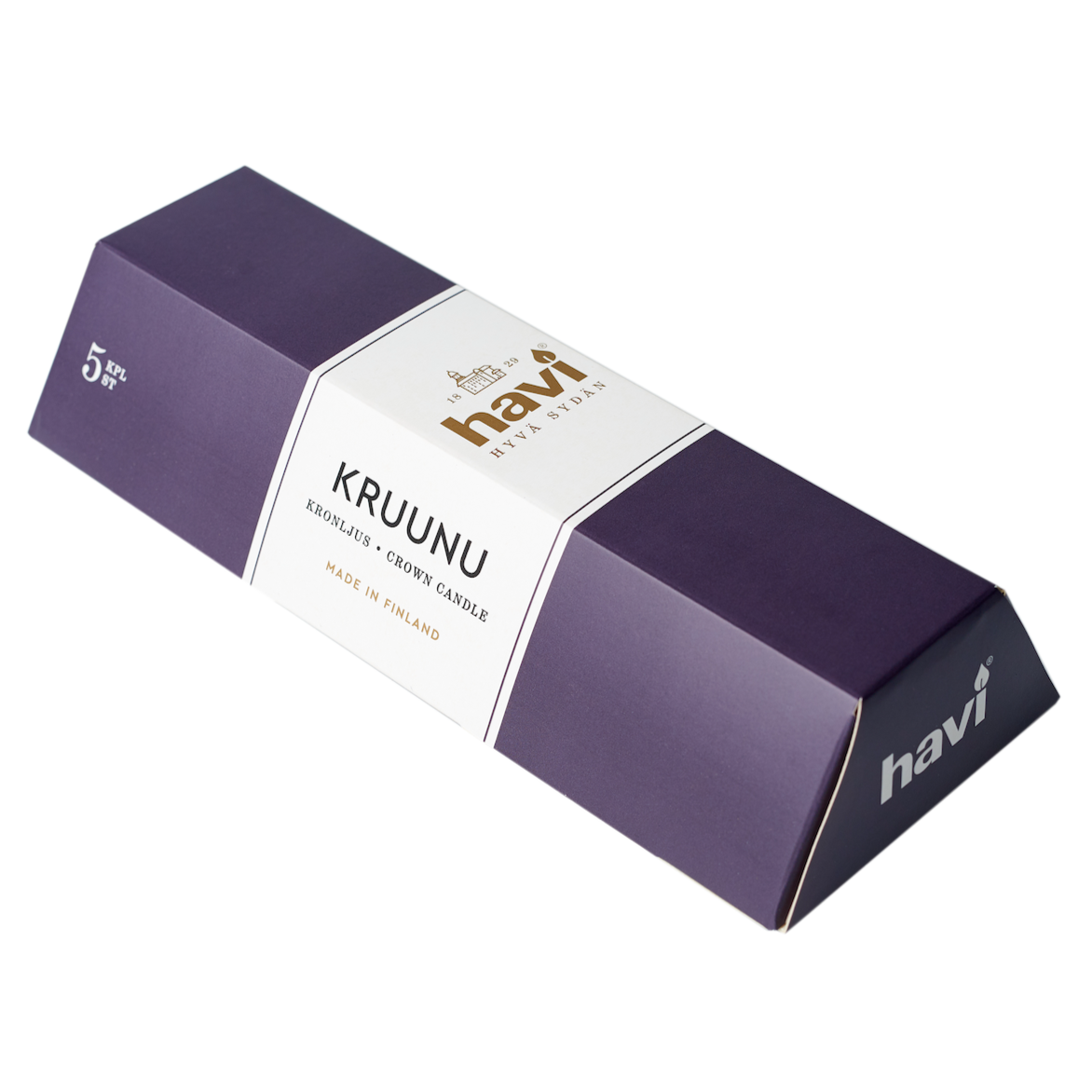 Purple box of Havi &quot;Kruunu&quot; crown candles, 5-pack, labeled &quot;Made in Finland,&quot; with white and gold accents.   Made in 100% Stearin