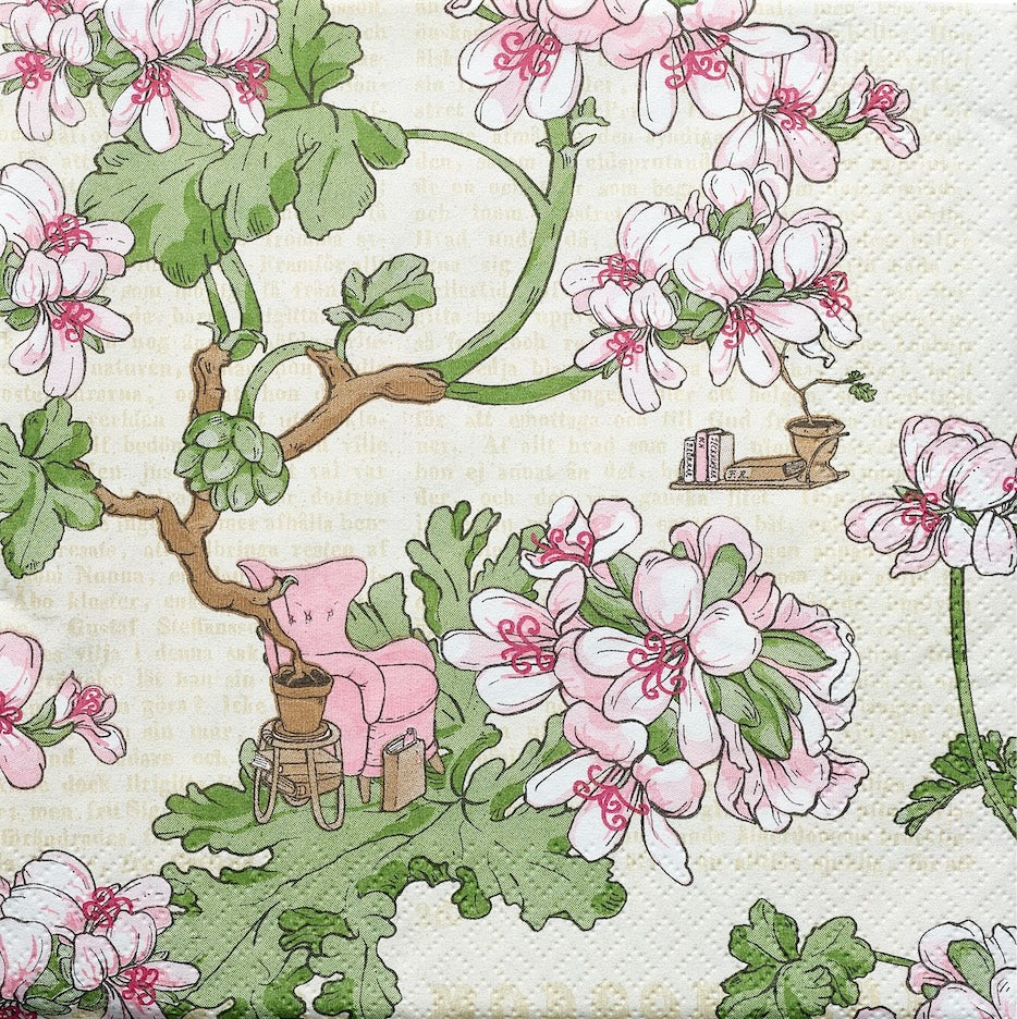 Beige and pink Pelagonia design by Havi paper Napkins.   Made in Finland 