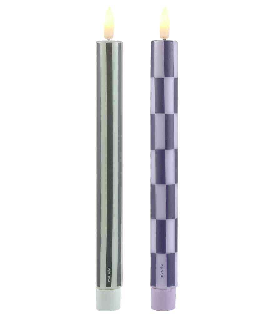 MUURLA | Checks & Stripes LED Taper Candles, 25cm, 2pcs, Green & Blue