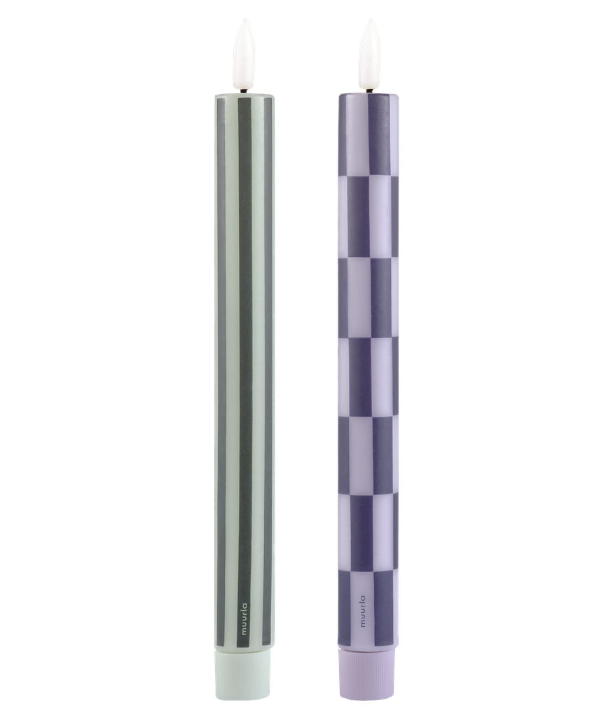 MUURLA | Checks & Stripes LED Taper Candles, 25cm, 2pcs, Green & Blue