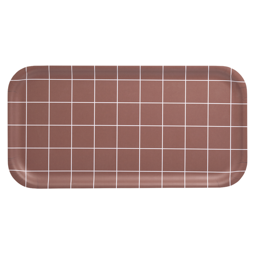 A rectangular Muurla tray with rounded corners, featuring a warm brown surface with a white grid pattern, shown against a plain white background.