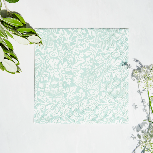 **In Stock 1st April** HAVI | William Morris Dinner Napkins | Pack of 20 | 33x33cm | Bird &amp; Anemone, Green