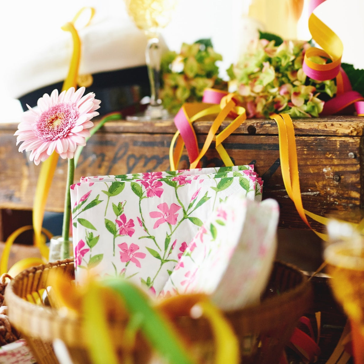 Party setting with ribbons, flowers and Havi Napkins in Linnea Red