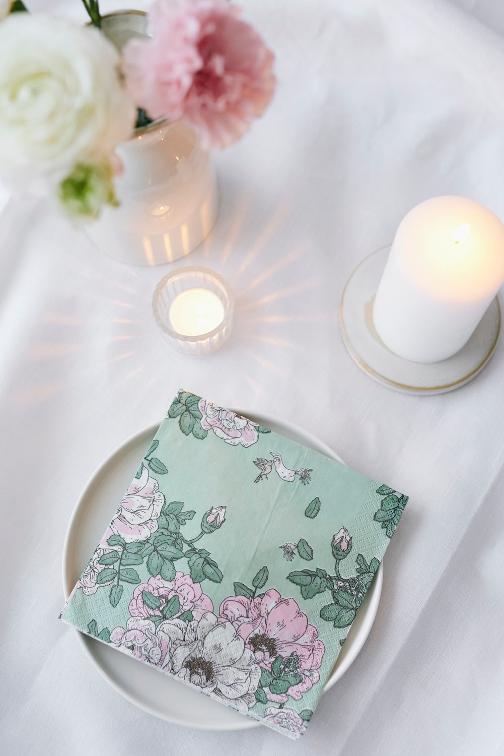 Havi Paper Napkins Midsummer Memories in Green,  on a table setting with candles and flowers