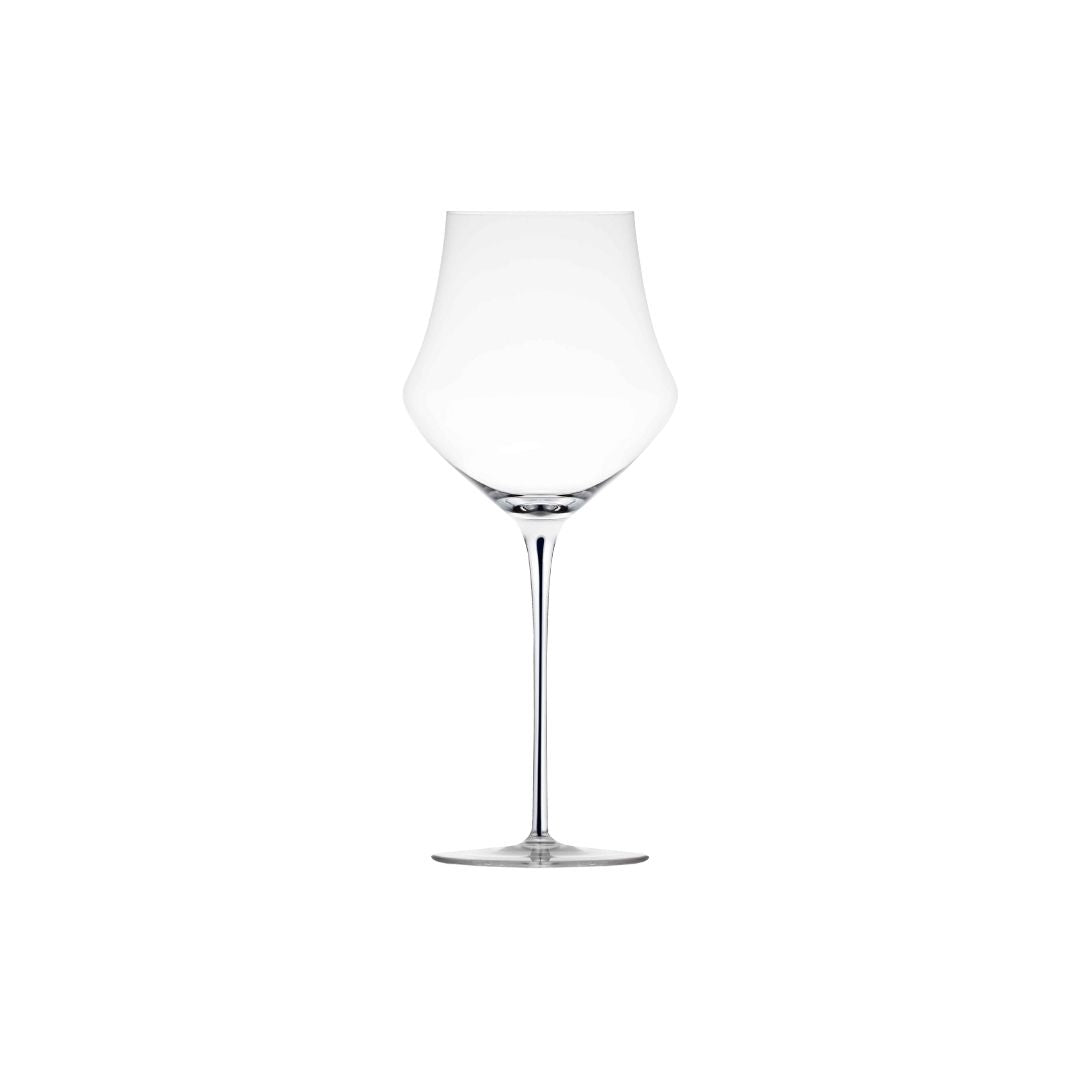 A clear Memento glass wine glass with a wide, rounded bowl and a slender black stem on a plain white background.