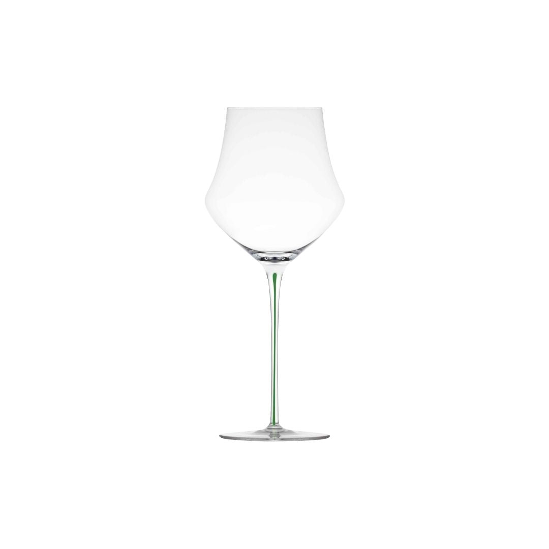 A clear Memento glass wine glass with a wide, rounded bowl and a long, slender Lime stem, centered on a plain white background.