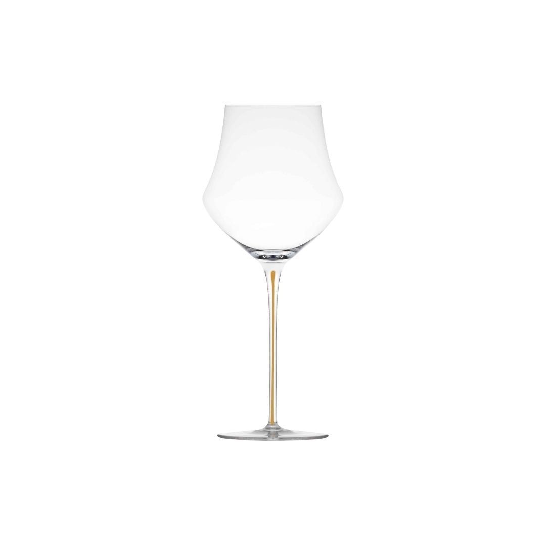 A clear memento wine glass with a wide, rounded bowl and a slender mandarin-accented stem, centered on a plain white background.