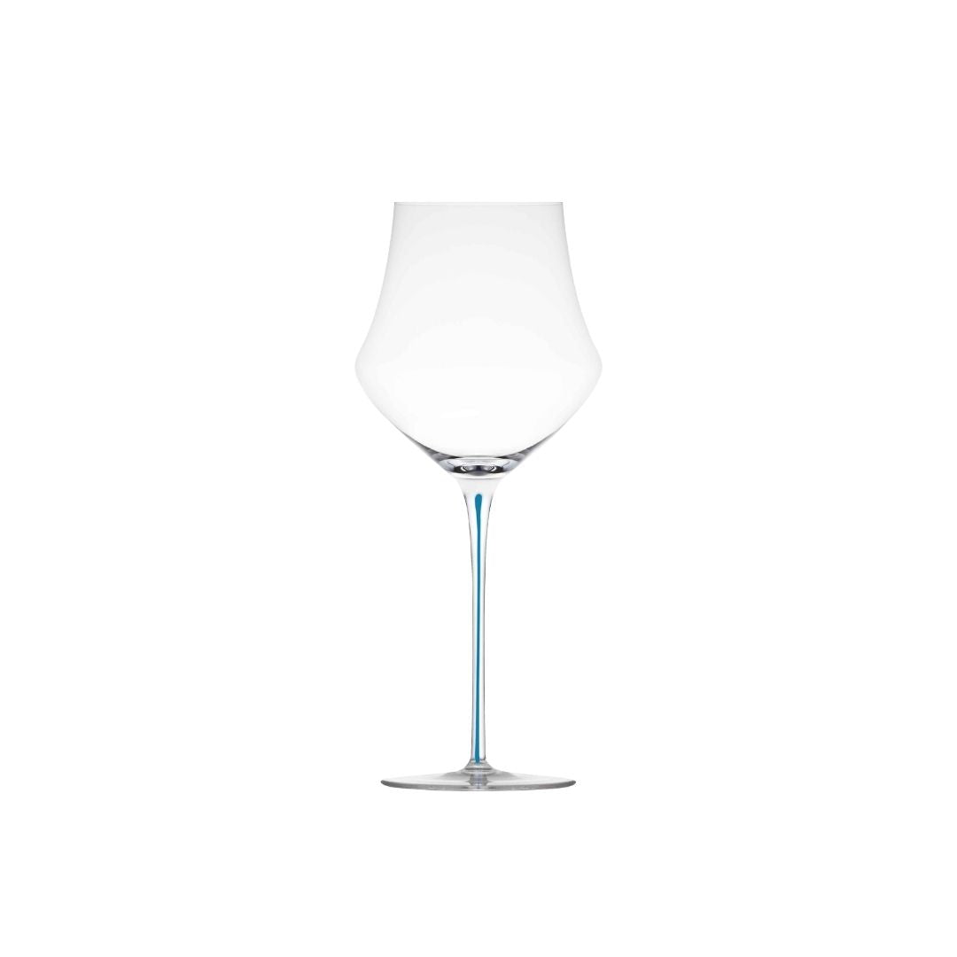 A clear Memento glass wine glass with a wide, rounded bowl and a turquoise stem, centered on a plain white background.
