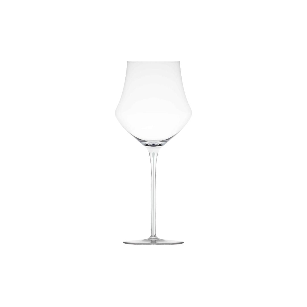 A clear Memento glass wine glass with a wide, rounded bowl and a slender white stem, centered on a plain white background.