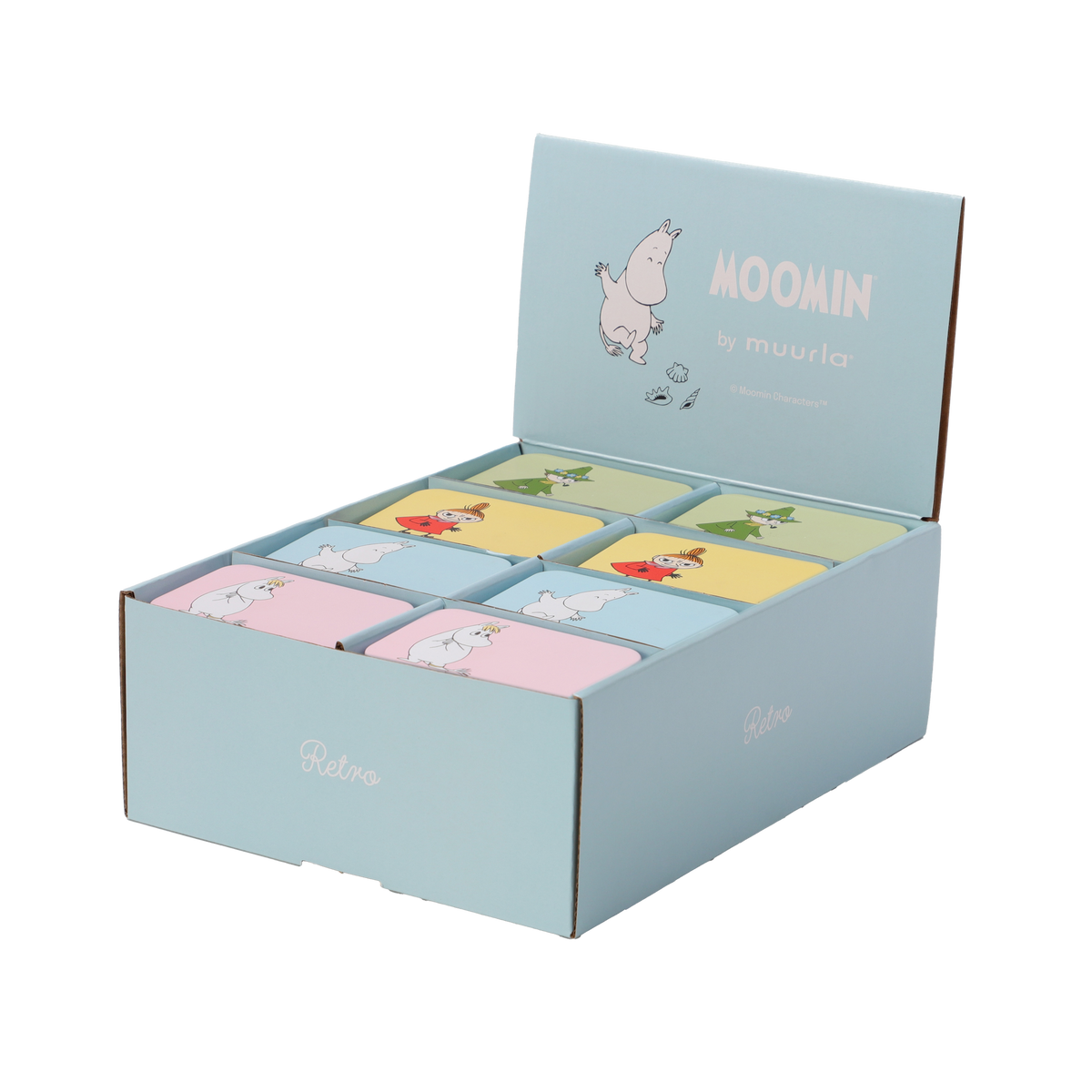 Box of Moomin-themed products with colorful packaging on a white background