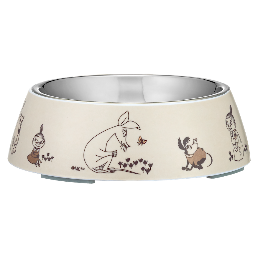 Dog bowl with Moomin characters on a wooden surface