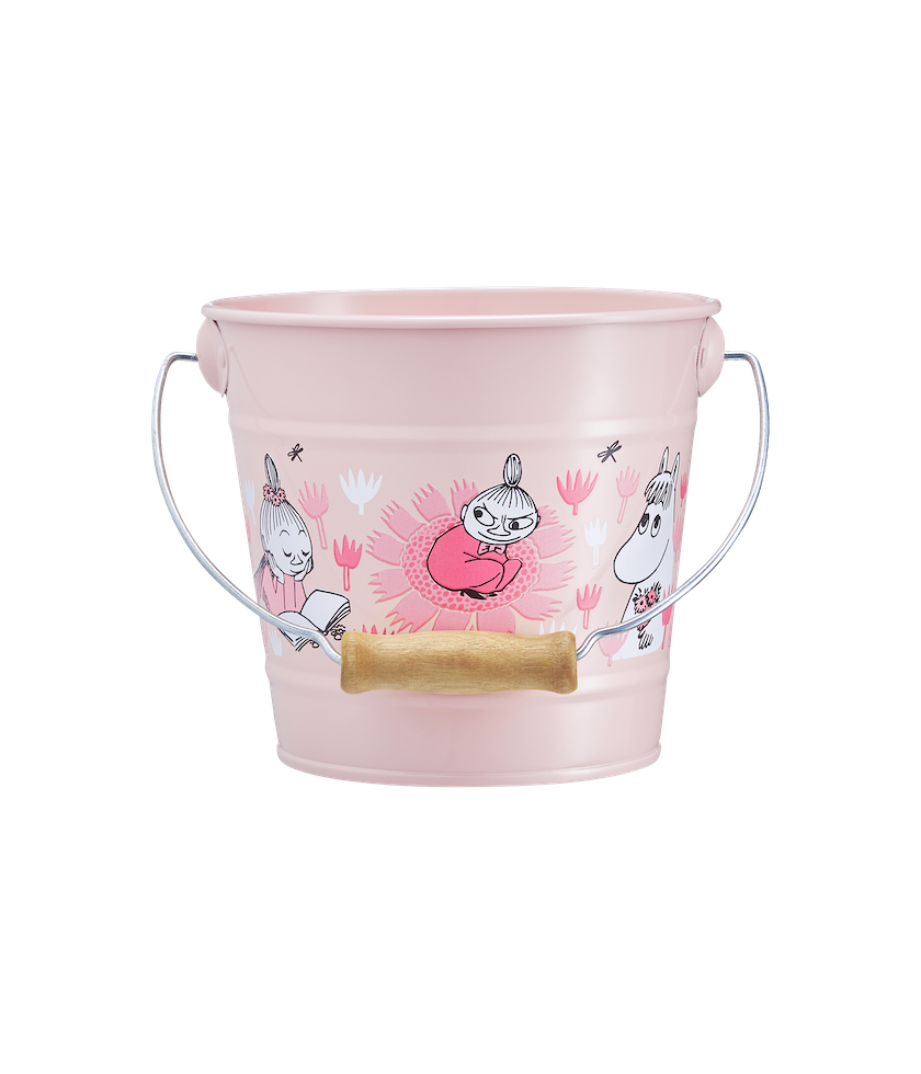 Moomin Bucket. In The Garden - Girls. Pink Galvanised Steel Bucket with wooden handle 