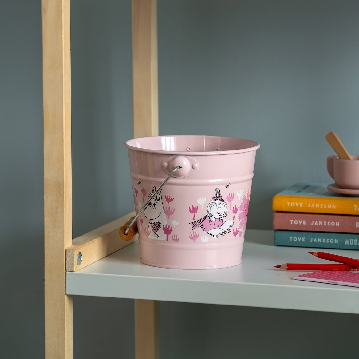 Moomin Bucket. In The Garden - Girls. Pink Galvanised Steel Bucket with wooden handle 