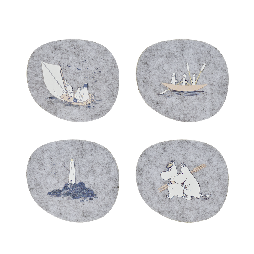 4 designs of Moomin Coasters made in a r-PET recycled material.   Made by Muurla Design in Finland