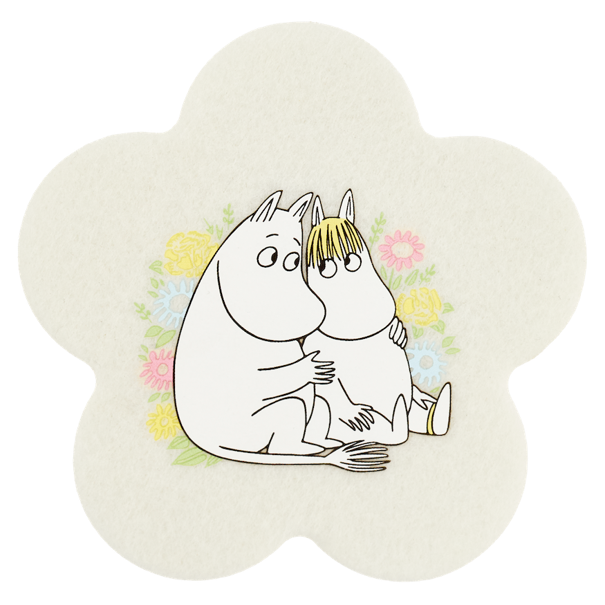 Flower-shaped Moomin coaster with two cartoon characters hugging on a white background