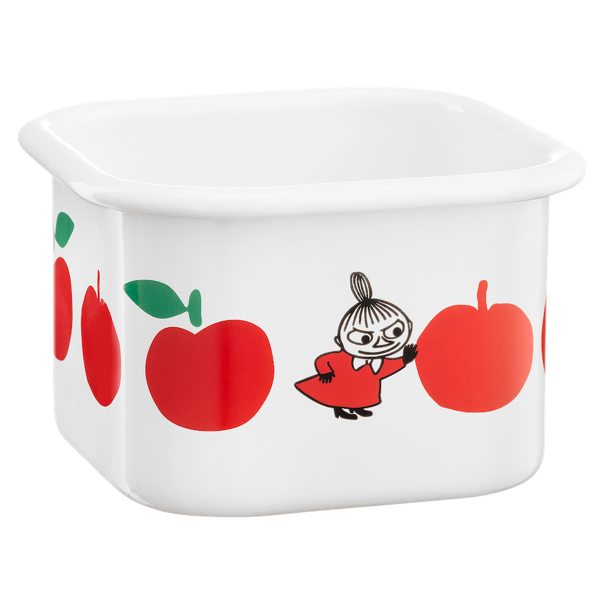 White ceramic container with red apple Moomin design and a character on a white background