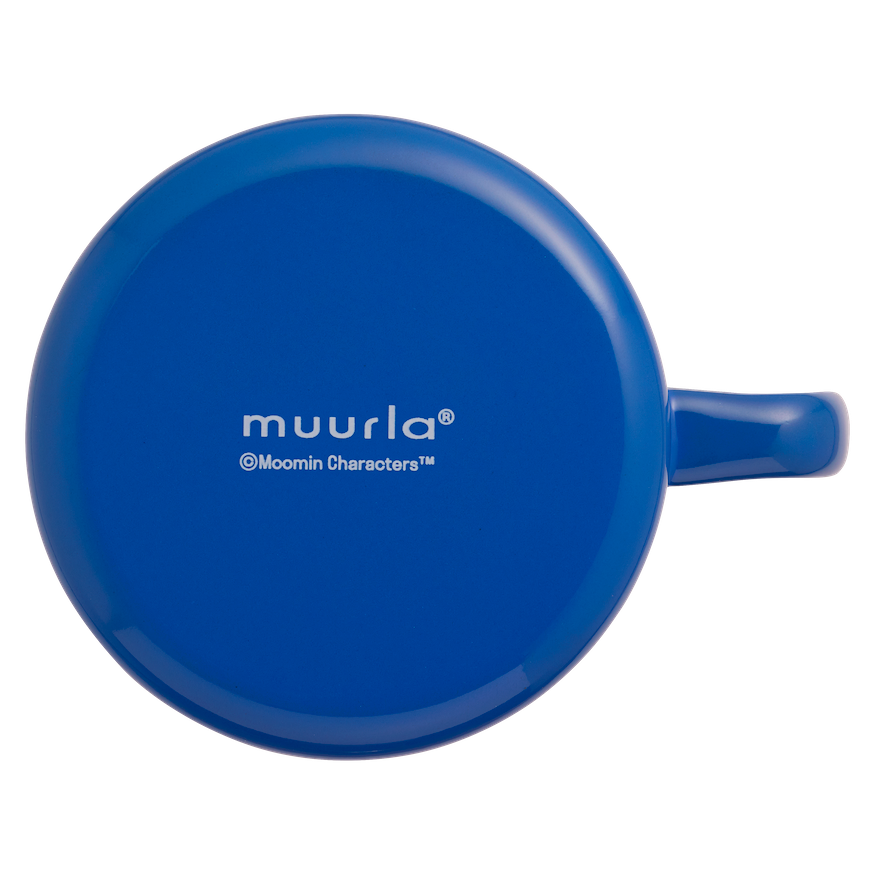 Blue Moomin mug with winter-themed illustration featuring characters and snow-covered trees on a white background