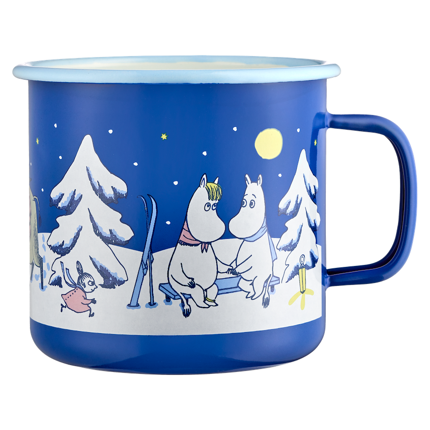 XL Hot Chocolate Mug in a Moomin Snowy Blue Starry Night design