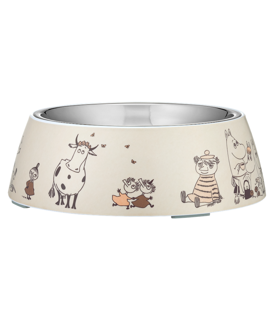 Dog bowl with Moomin cartoon characters on a wooden surface
