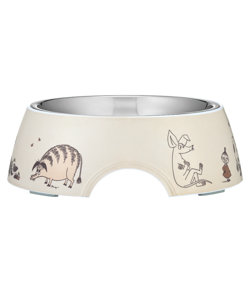 Moomin pet bowl with illustrations on a white background