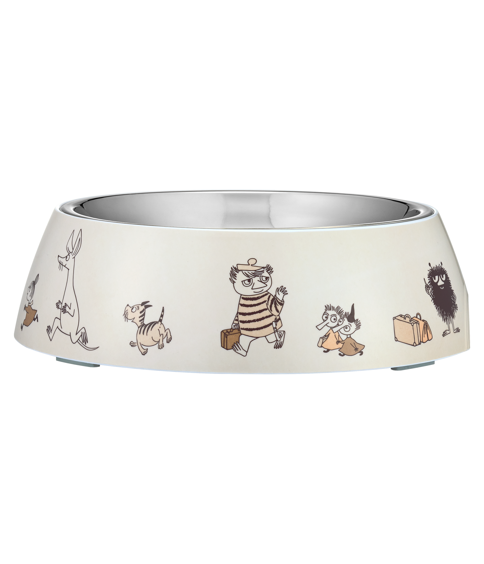 Moomin Dog bowl with Moomin cartoon characters on a wooden surface