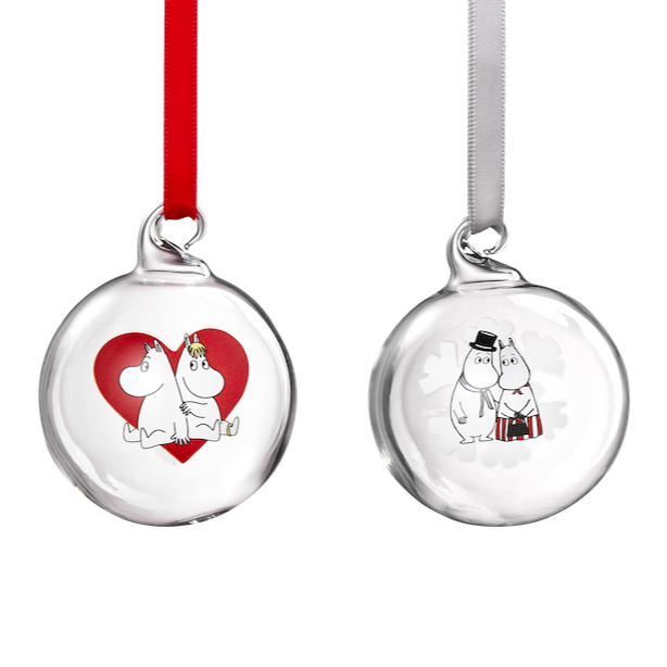 Moomin Glass Bauble Set of 2 shown hanging on a Christmas Tree