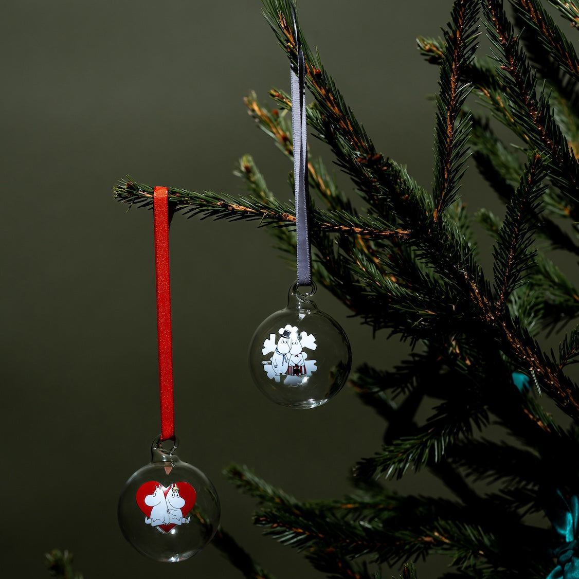 Moomin Glass Bauble Set of 2 shown hanging on a Christmas Tree