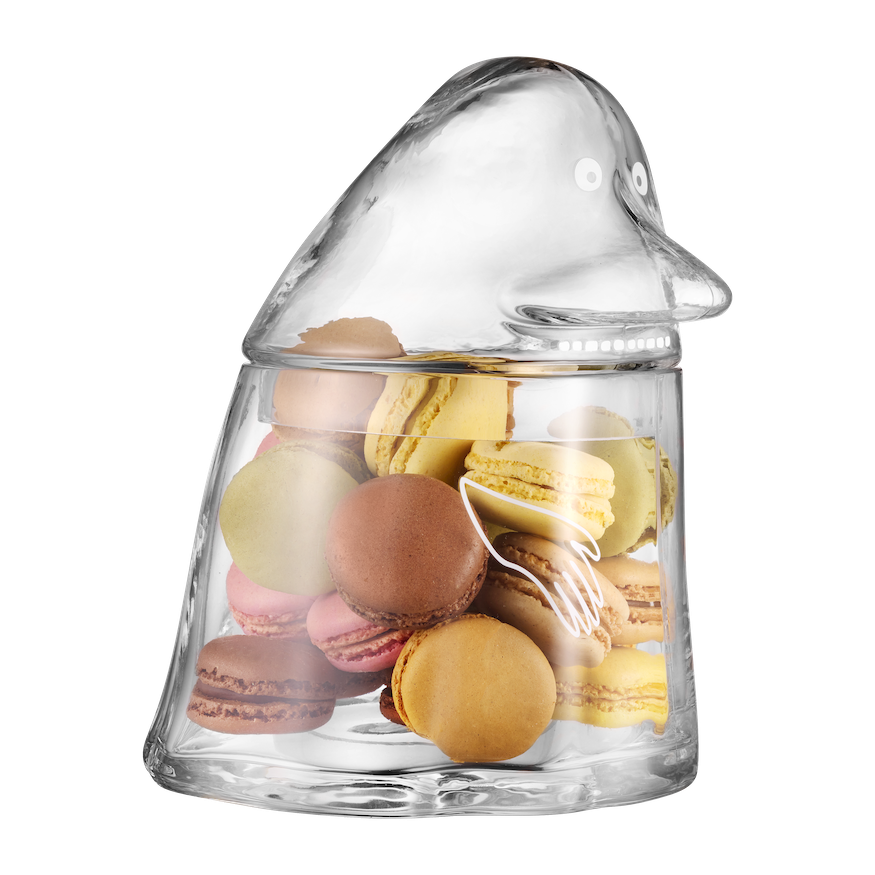 The Groke Glass Cookie Jar  filled with colourful macarons 