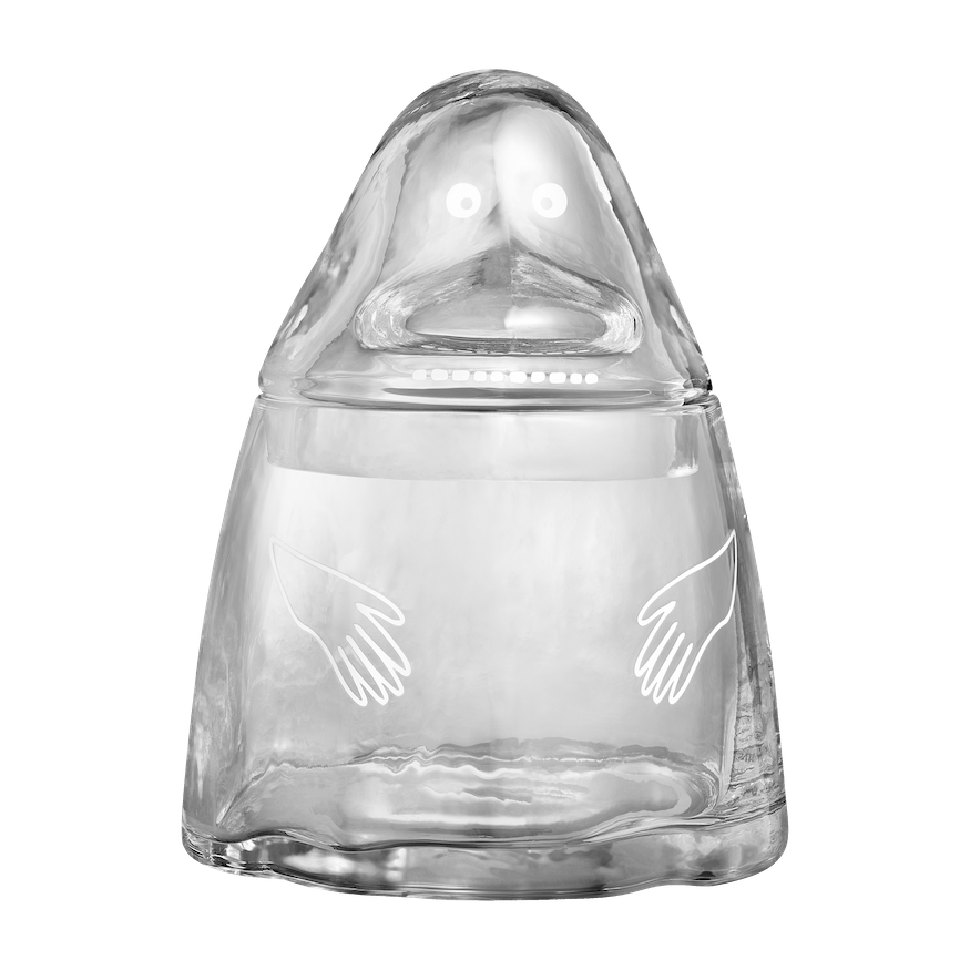 The Groke Glass Cookie Jar  filled with colourful macarons 