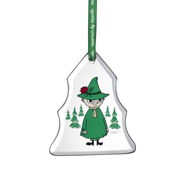 Decorative Christmas ornament with the Moomin Snufkin character in a green outfit and hat on a white background.