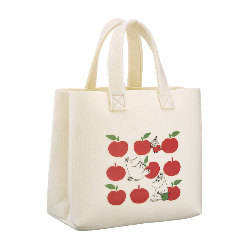 Moomin Beige tote bag with Joyful Apples red apple design and Moomin characters on a white background