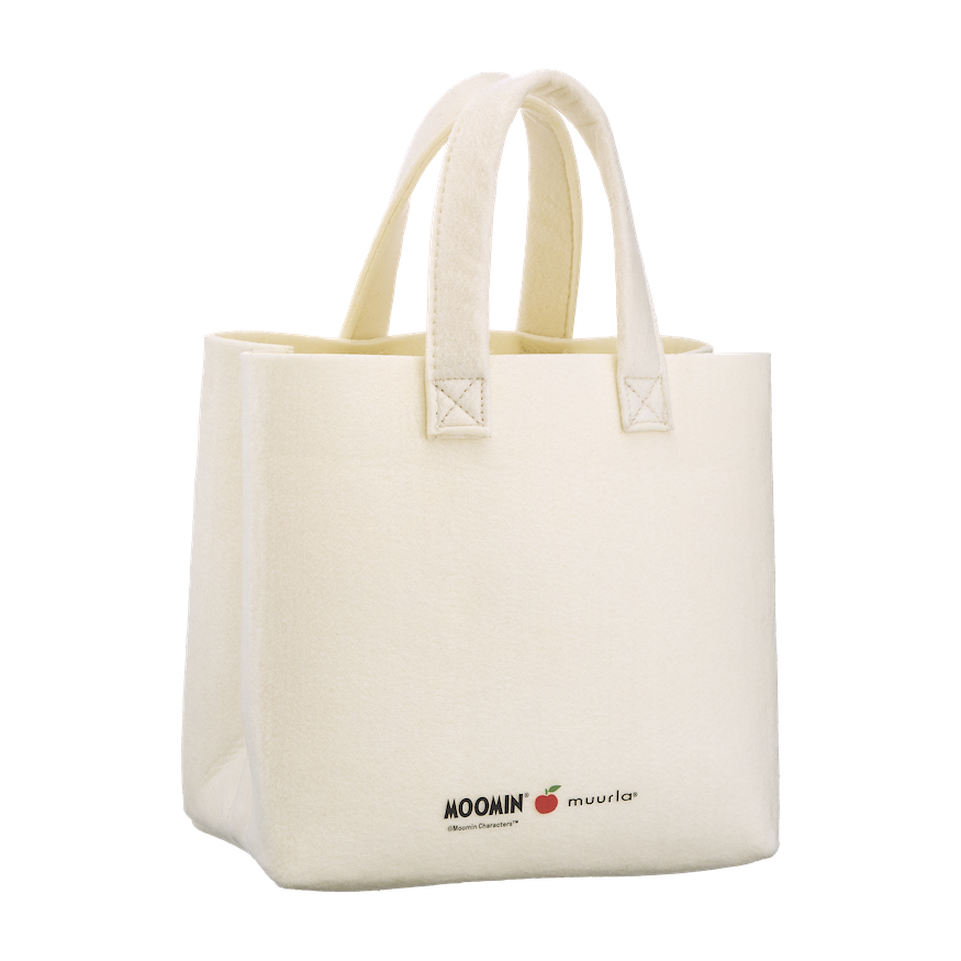Moomin Beige tote bag with Joyful Apples red apple design and Moomin characters on a white background