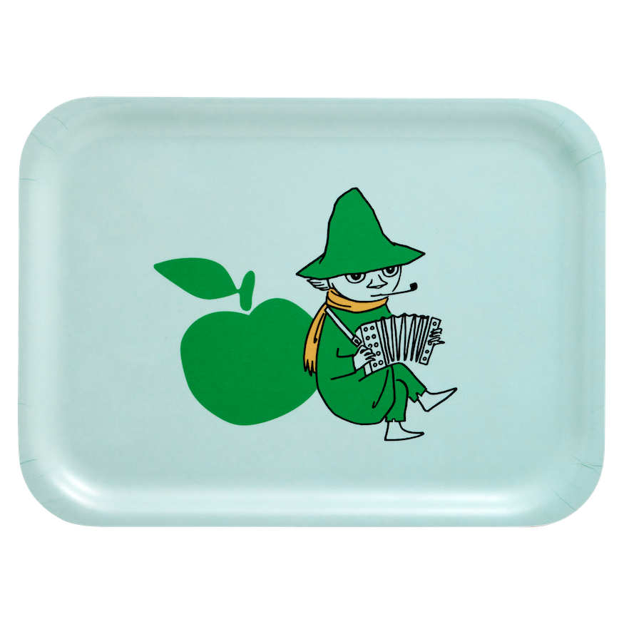 Moomin Rectangular tray with Snufkin green character playing an accordion and a green apple on a light green background 