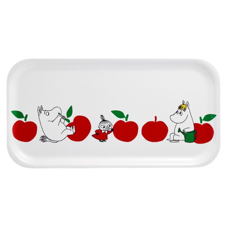 Rectangular tray with Moomin characters and red apples on a white background. Joyful Apples