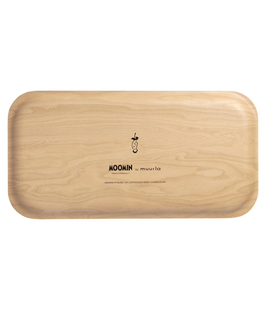 Rectangular tray with Moomin characters and red apples on a white background. Joyful Apples