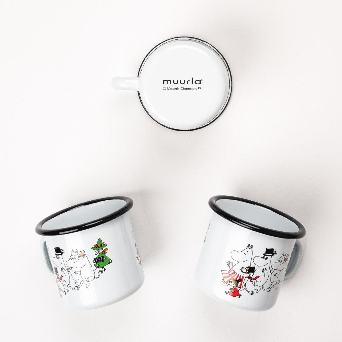 Moomin Valley Colours Design by Muurla. Enamel Mugs and Bowls in a the classic white Moomin Valley design