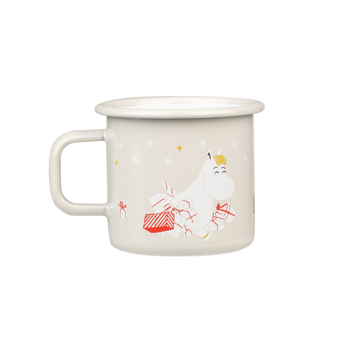 Moomin Gifts Enamel Mug 37cl, by Muurla Design, shown in a Christmas setting with candles , chocolates and a Christmas tree in the background