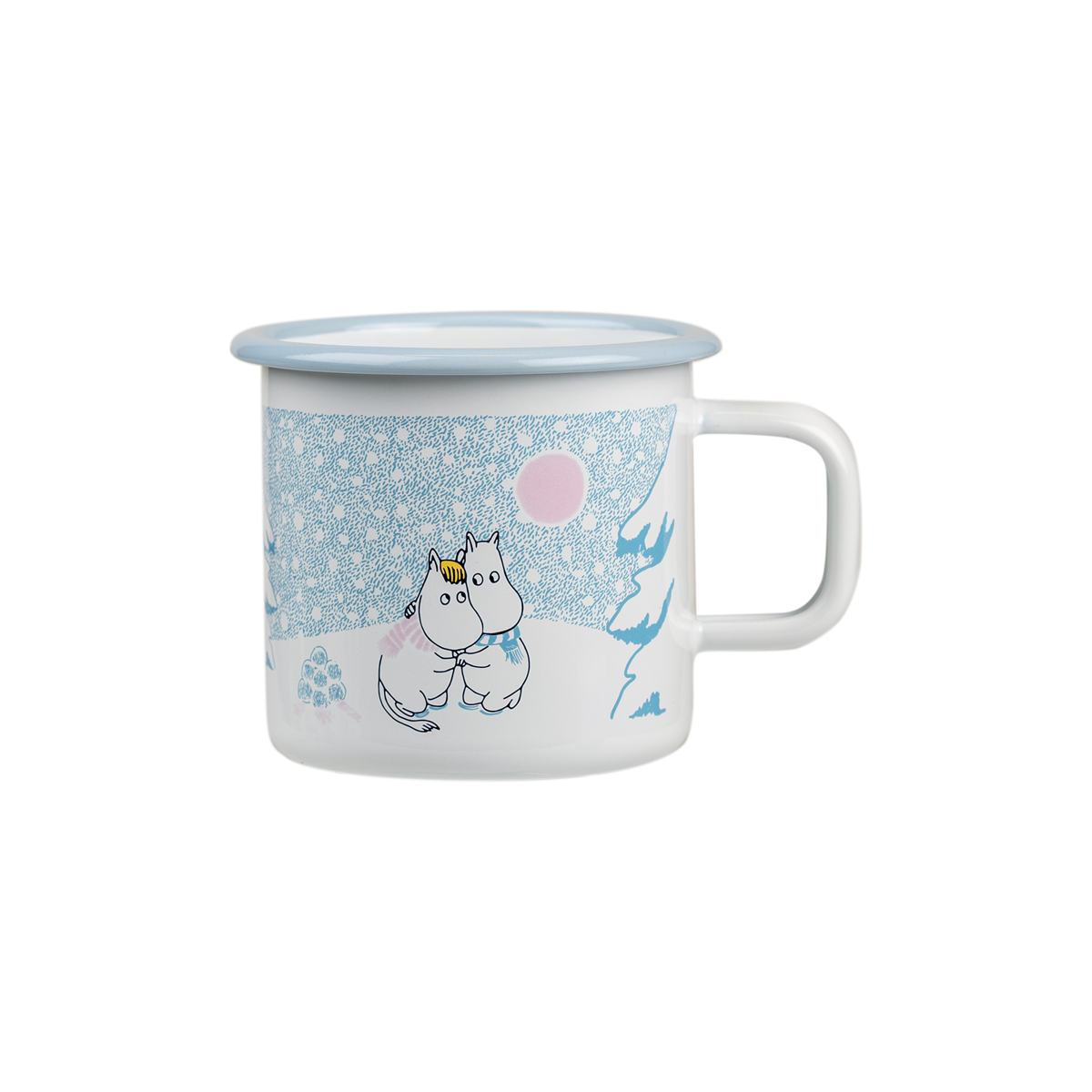 Moomin Let It Snow Mug by Muurla Design shown on a white tablecloth and with candles and a Christmas Tree behind