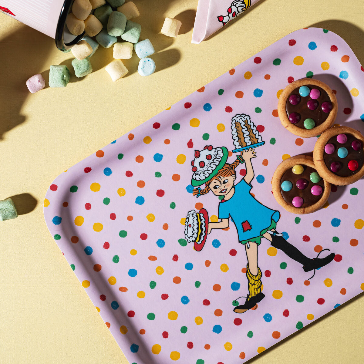 Pippi Longstocking Birthday Tray with birthday treats and cakes alongside. 