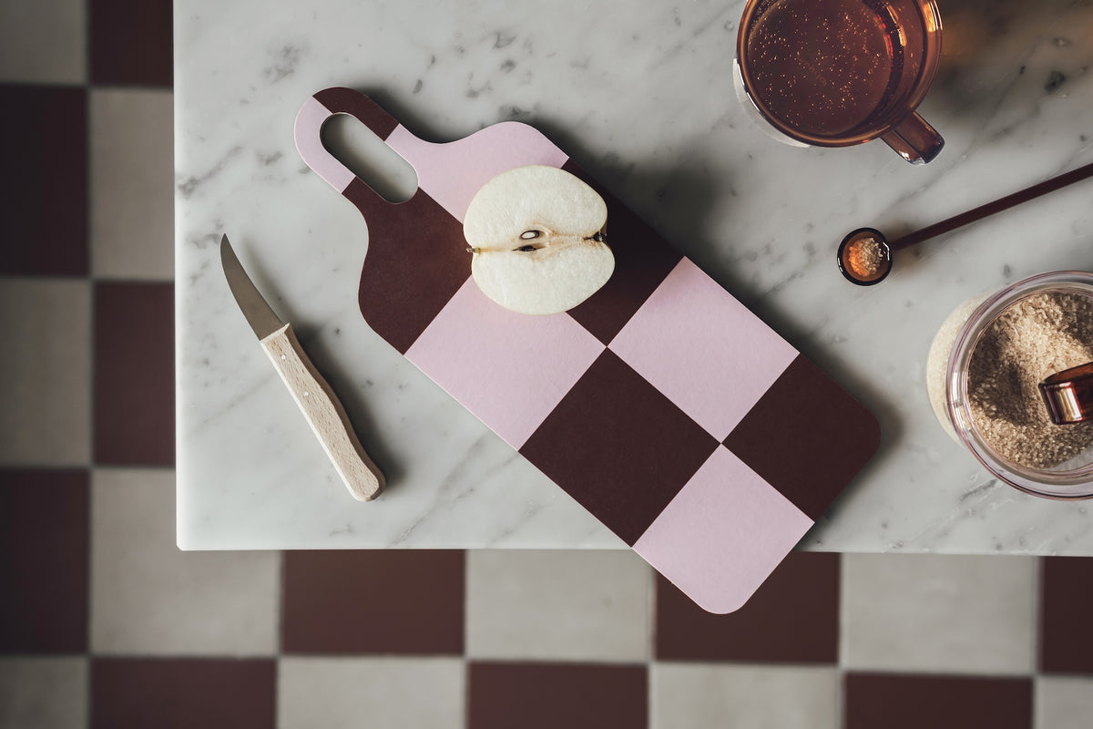 MUURLA | Checks & Stripes, Chop & Serve Board, 13cm x 33cm, Brown, Pink, Blue Checks