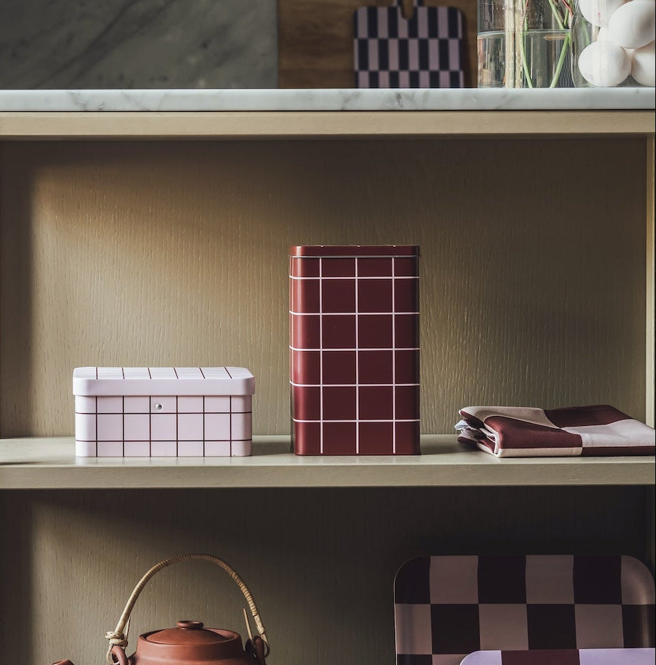 MUURLA | Checks & Stripes, Tea Tin Jar, 17.5 x 13cm, Pink & Brown