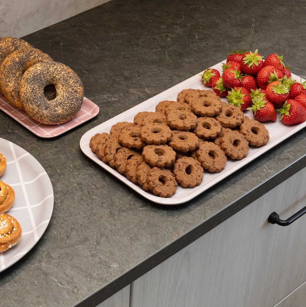 Muurla Checks and Stripes Tray in a Beige Colour.   how with fruit and treats directly on the tray.  Also a fruit drink in a glass