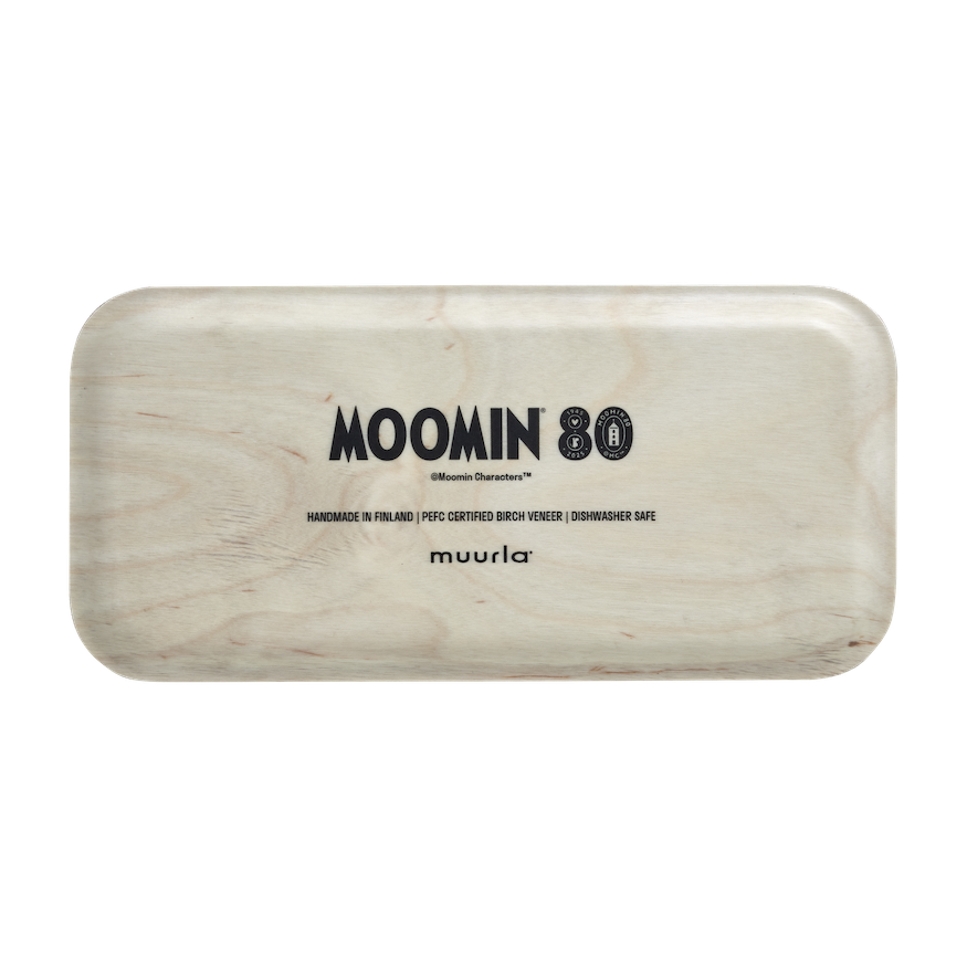 Moomin 80 Tray by Muurla Design next to breakfast bagels and coffee