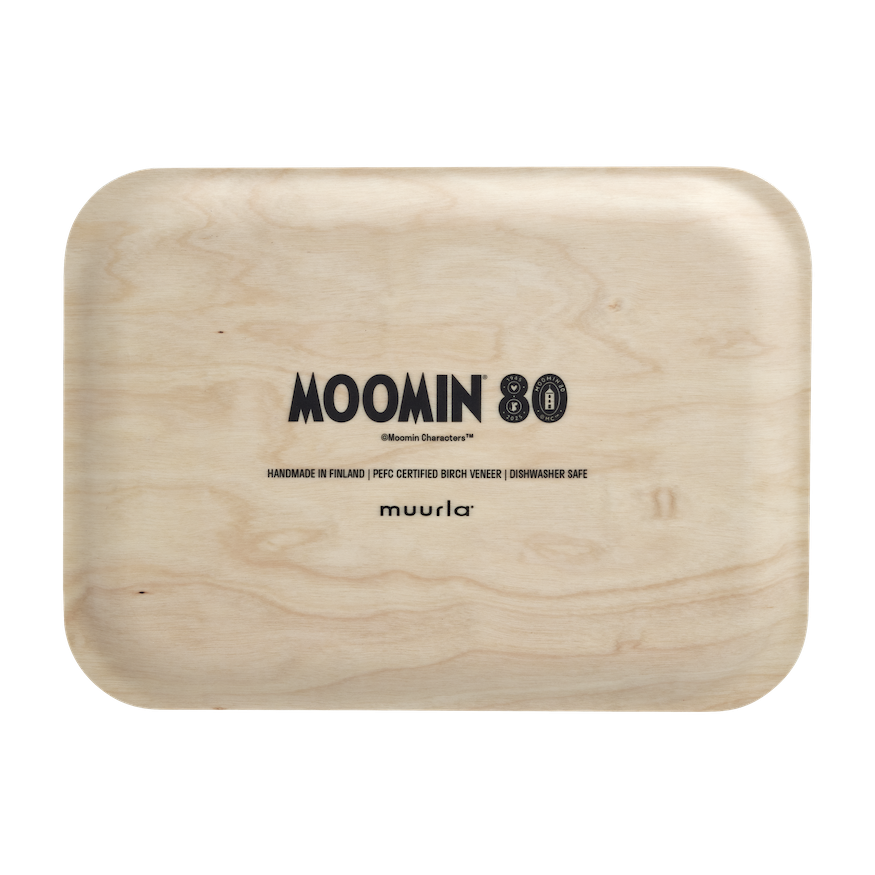 Moomin 80 Tray 27 x 20cm, by Muurla Design.  Shown with a breakfast tart, and eggs and coffee alongside