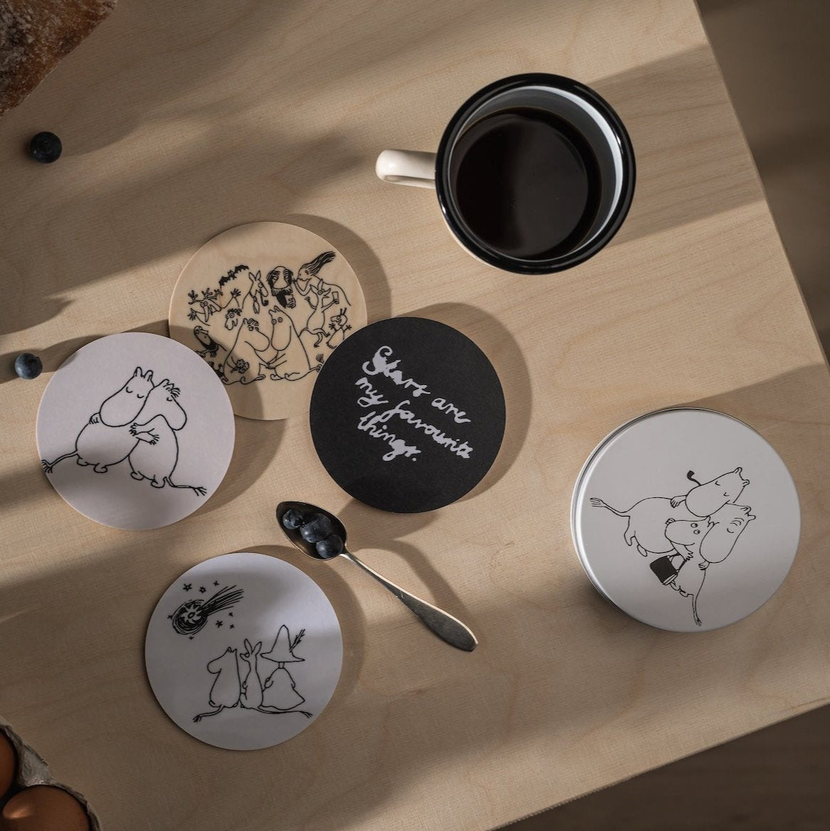 Moomin 80 Set of 4 Birch Coasters by Muurla Design.   Presented in a Tin Jar. 