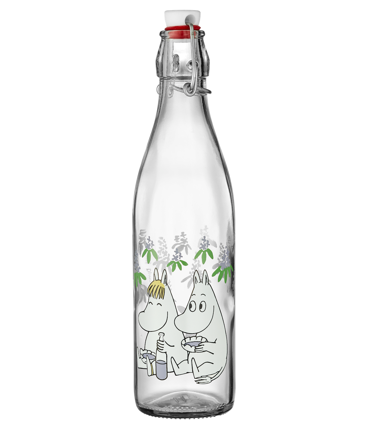 Bottle of lemonade with Moomin characters on a table with fruits and books